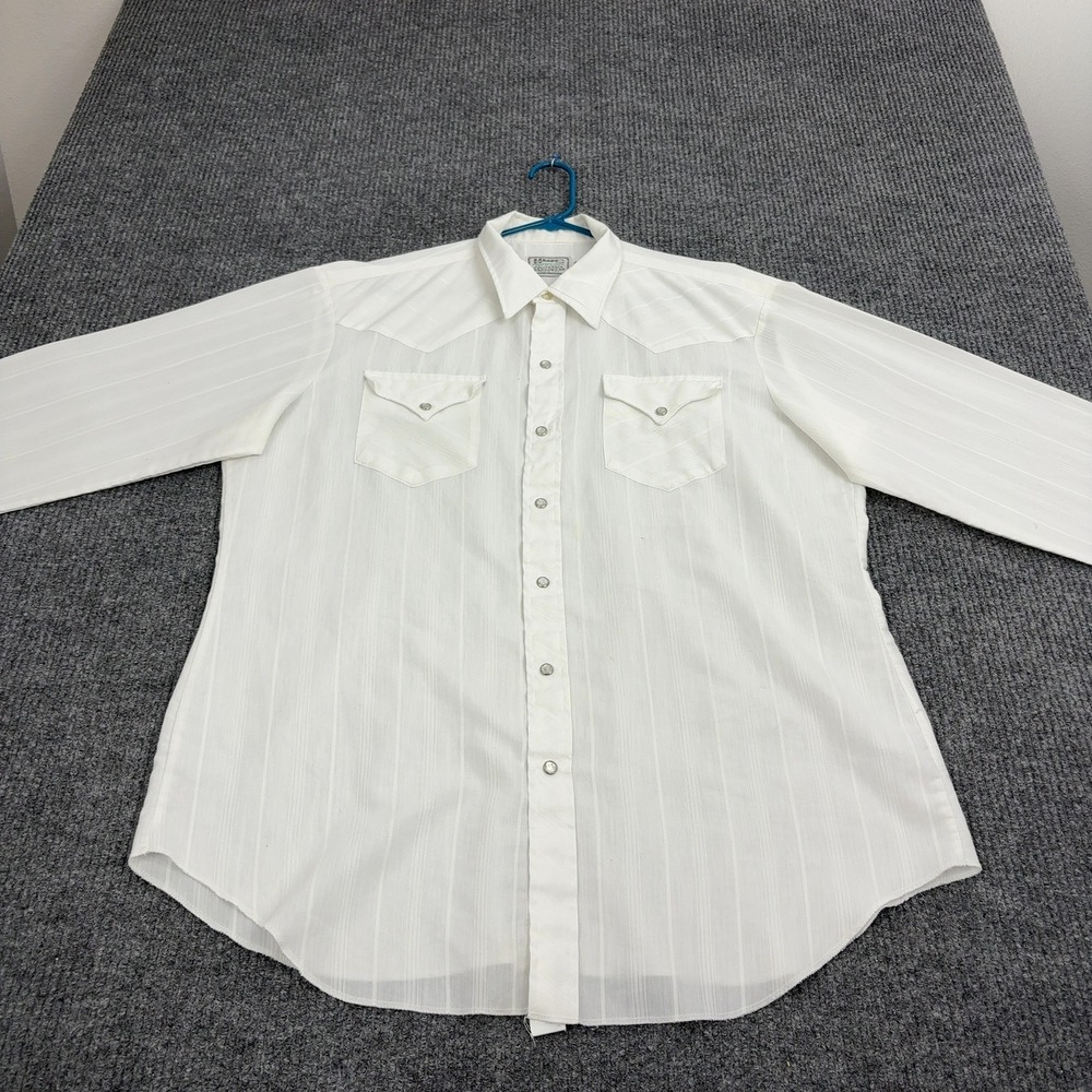 Vintage‎ H Bar C Western Shirt Mens 17.5 White Tone on Tone Pearl Snap Cowboy